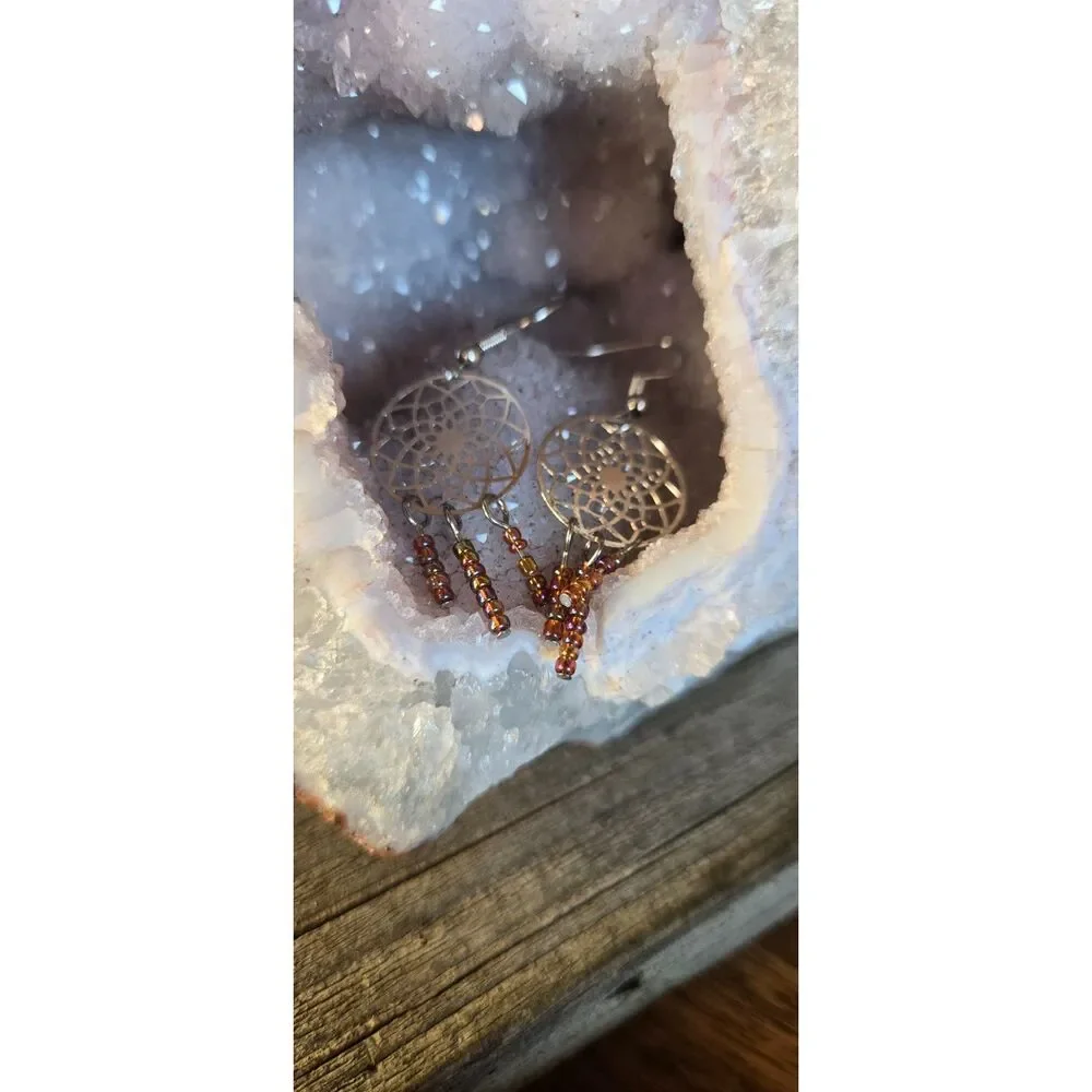 Silver Tone Dreamcatcher Dangle Earrings with Amber Glass Beads | Boho Western